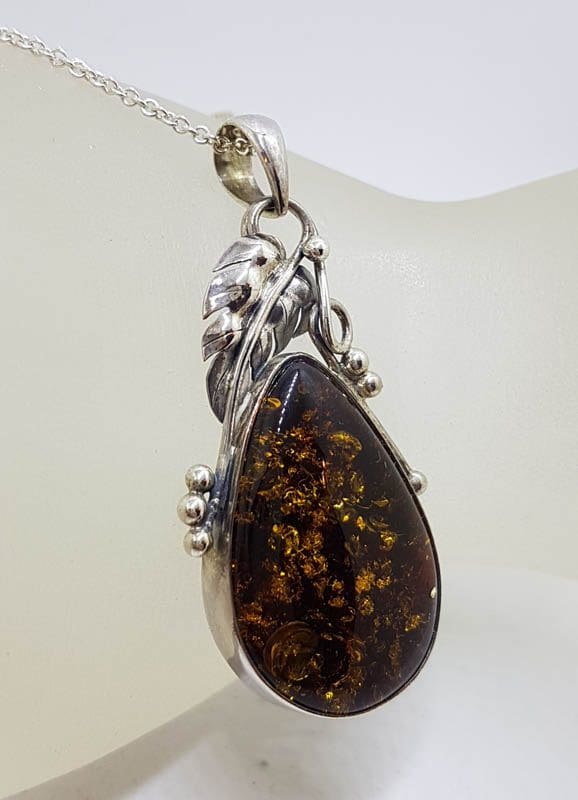 Sterling Silver Large Natural Baltic Amber Gum Leaf Design Teardrop / Pear Shaped Pendant on Silver Chain