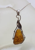 Sterling Silver Long Natural Baltic Amber Gum Leaf Design Triangular Shaped Pendant on Silver Chain