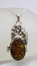 Sterling Silver Large Natural Baltic Amber Gum Leaf Design Oval Shaped Pendant on Silver Chain