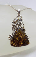 Sterling Silver Large Natural Baltic Amber Leaf Design Triangle Shaped Pendant on Silver Chain