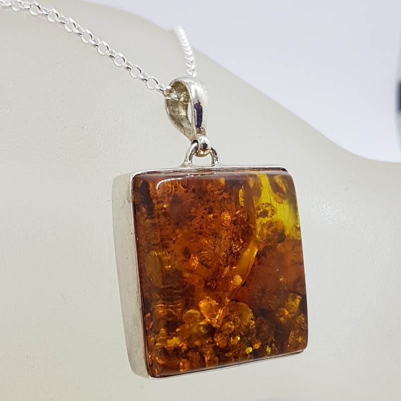 Sterling Silver Large Natural Baltic Amber Square Pendant on Silver Chain