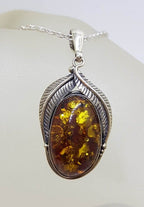 Sterling Silver Large Natural Baltic Amber Leaf Design Oval Pendant on Silver Chain