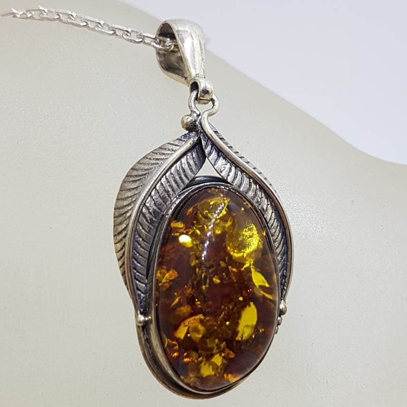 Sterling Silver Large Natural Baltic Amber Leaf Design Oval Pendant on Silver Chain