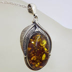 Sterling Silver Large Natural Baltic Amber Leaf Design Oval Pendant on Silver Chain