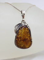 Sterling Silver Large Natural Baltic Amber Leaf Design Pendant on Silver Chain