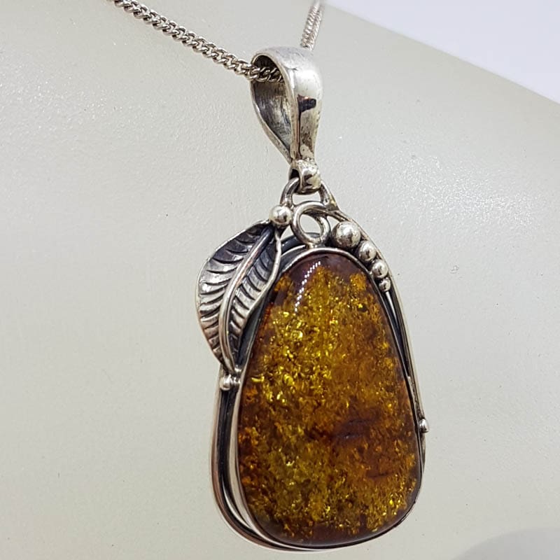 Sterling Silver Large Natural Baltic Amber Leaf Design Pendant on Silver Chain