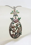 Sterling Silver Marcasite with Green &amp; Red Enamel Large Floral Ornate Pendant on Sterling Silver Chain