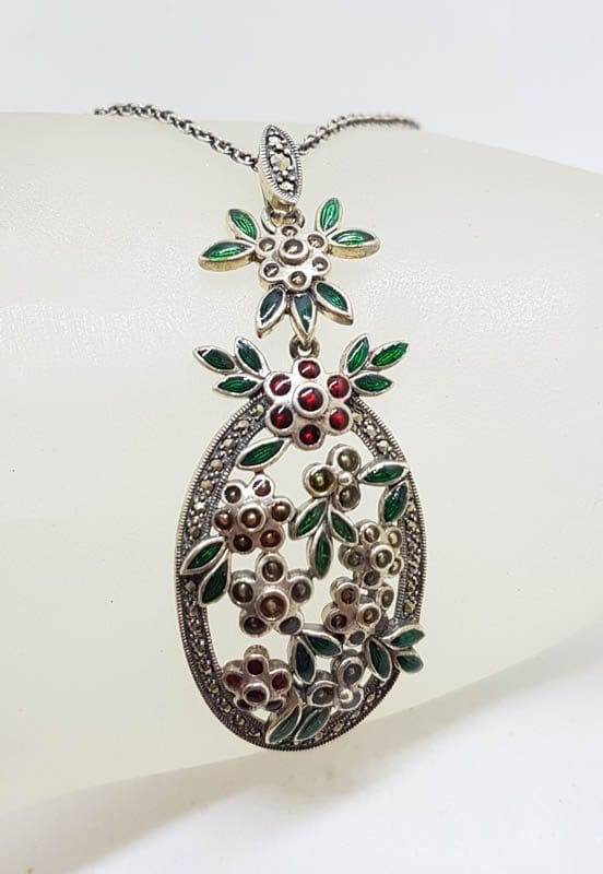Sterling Silver Marcasite with Green &amp; Red Enamel Large Floral Ornate Pendant on Sterling Silver Chain