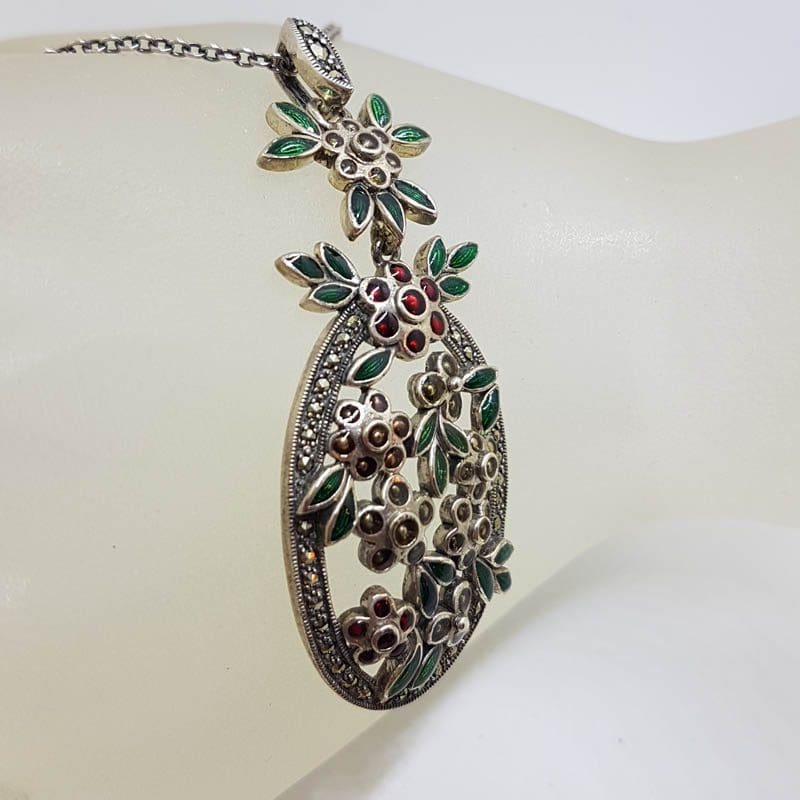 Sterling Silver Marcasite with Green &amp; Red Enamel Large Floral Ornate Pendant on Sterling Silver Chain