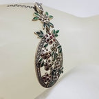 Sterling Silver Marcasite with Green &amp; Red Enamel Large Floral Ornate Pendant on Sterling Silver Chain