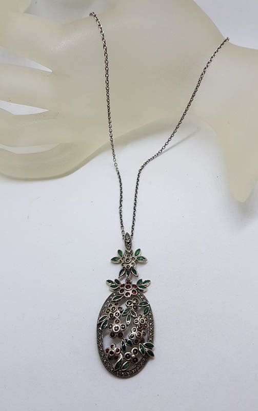 Sterling Silver Marcasite with Green &amp; Red Enamel Large Floral Ornate Pendant on Sterling Silver Chain