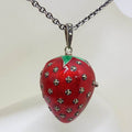 Sterling Silver Marcasite, Green &amp; Red Enamel Medium Size Strawberry Locket Pendant (which Opens) on Sterling Silver Chain