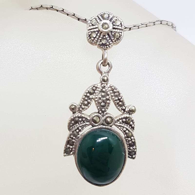 Sterling Silver Marcasite and Oval Green Onyx Ornate Pendant on Sterling Silver Chain