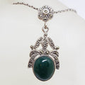 Sterling Silver Marcasite and Oval Green Onyx Ornate Pendant on Sterling Silver Chain