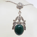 Sterling Silver Marcasite and Oval Green Onyx Ornate Pendant on Sterling Silver Chain