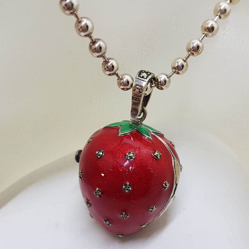 Sterling Silver Marcasite, Green &amp; Red Enamel Large Size Strawberry Locket Pendant (which Opens) on Sterling Silver Chain