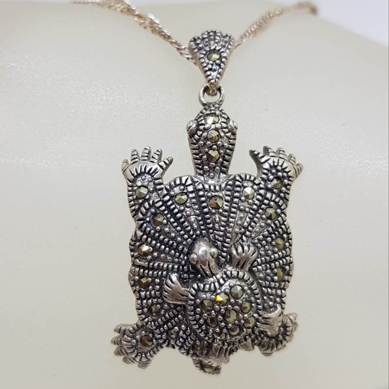 Sterling Silver Marcasite Mother and Baby Turtle Pendant on Sterling Silver Chain
