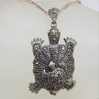 Sterling Silver Marcasite Mother and Baby Turtle Pendant on Sterling Silver Chain