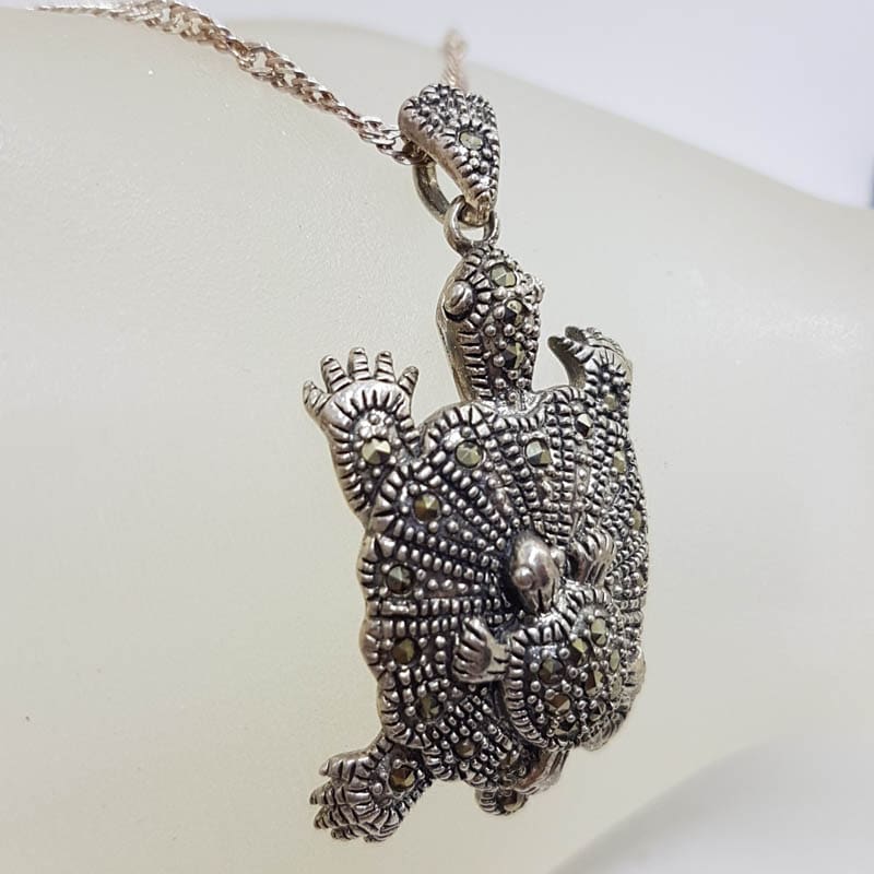 Sterling Silver Marcasite Mother and Baby Turtle Pendant on Sterling Silver Chain