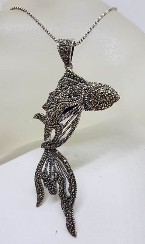 Sterling Silver Marcasite Large Koi Fish Pendant on Sterling Silver Chain