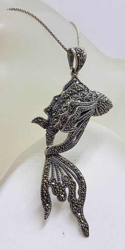Sterling Silver Marcasite Large Koi Fish Pendant on Sterling Silver Chain