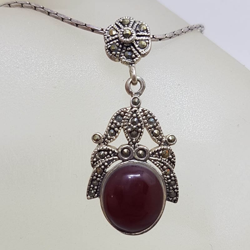 Sterling Silver Marcasite and Oval Carnelian Ornate Pendant on Sterling Silver Chain