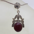 Sterling Silver Marcasite and Oval Carnelian Ornate Pendant on Sterling Silver Chain