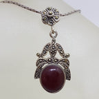 Sterling Silver Marcasite and Oval Carnelian Ornate Pendant on Sterling Silver Chain