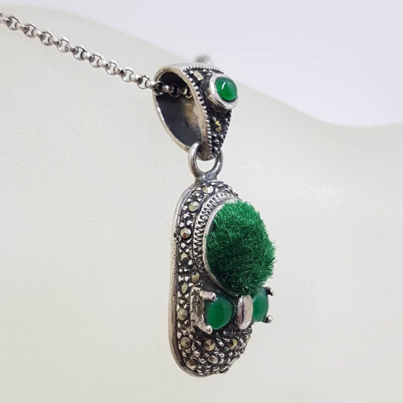 Sterling Silver Marcasite Green Pin Cushion Shoe Pendant on Sterling Silver Chain