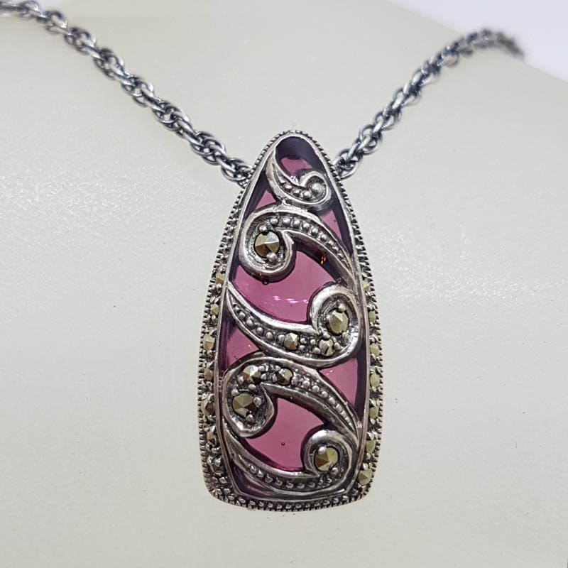 Sterling Silver Marcasite with Purple Enamel Ornate Pendant on Sterling Silver Chain