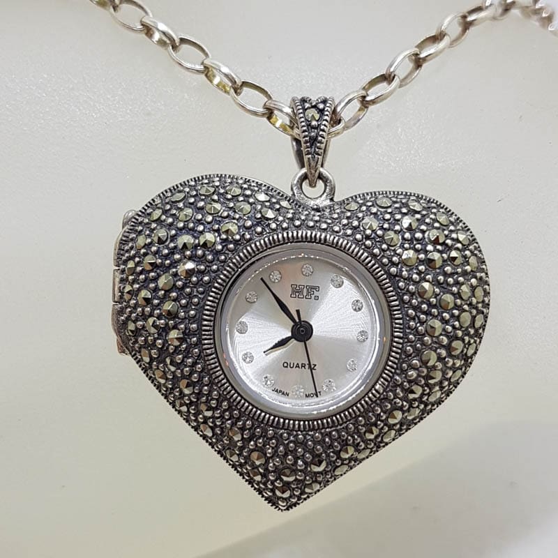 Sterling Silver Marcasite Heart Shaped Watch Pendant on Sterling Silver Chain