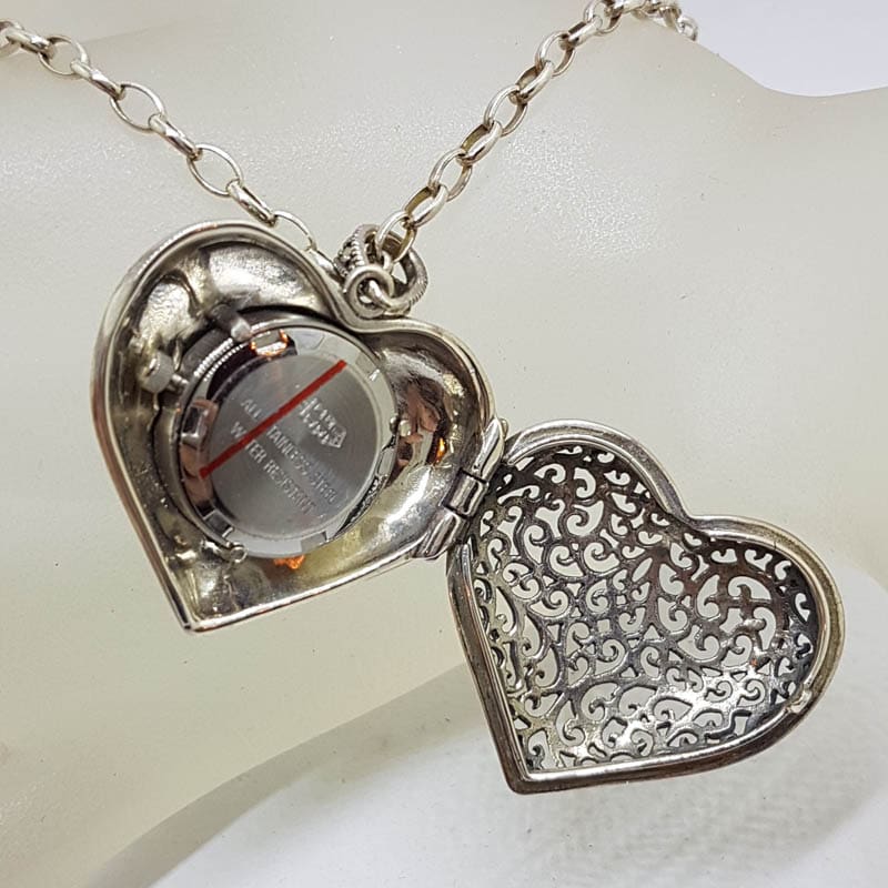 Sterling Silver Marcasite Heart Shaped Watch Pendant on Sterling Silver Chain