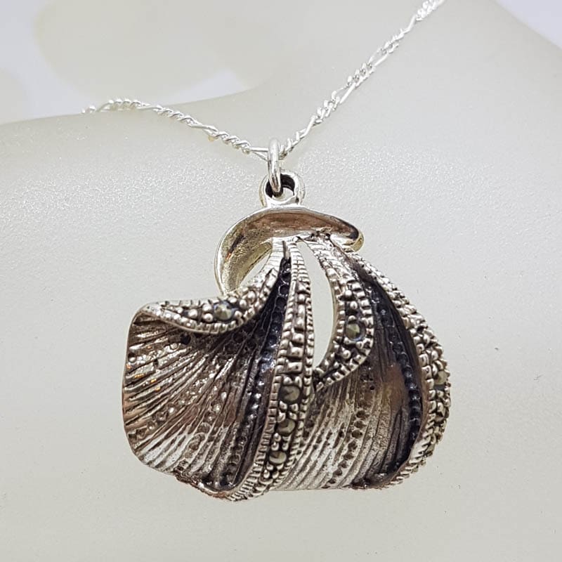 Sterling Silver Unusual Shape Marcasite Pendant on Silver Chain