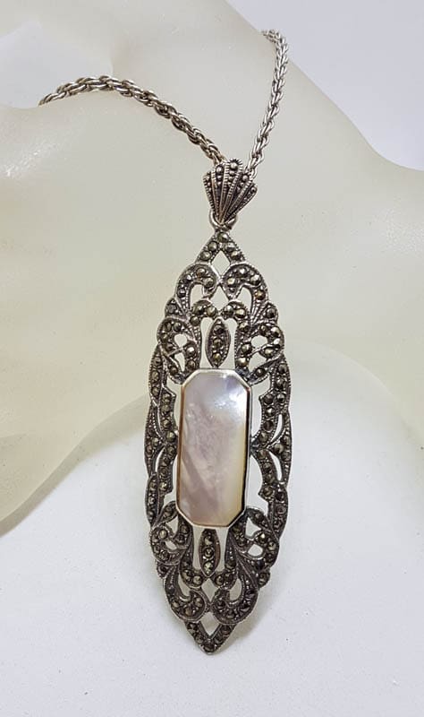 Sterling Silver Marcasite &amp; Mother of Pearl Very Long and Large Ornate Pendant on Sterling Silver Chain