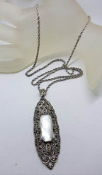 Sterling Silver Marcasite &amp; Mother of Pearl Very Long and Large Ornate Pendant on Sterling Silver Chain