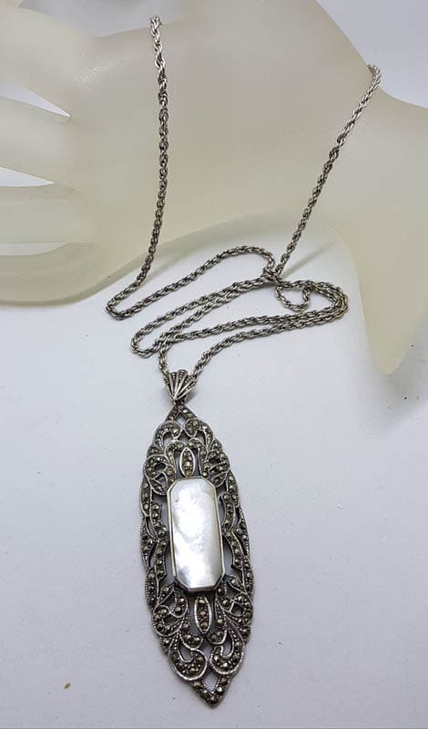 Sterling Silver Marcasite &amp; Mother of Pearl Very Long and Large Ornate Pendant on Sterling Silver Chain