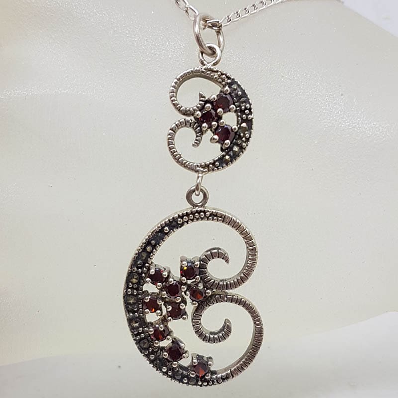 Sterling Silver Marcasite &amp; Garnet Long Ornate Pendant on Sterling Silver Chain