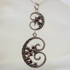 Sterling Silver Marcasite &amp; Garnet Long Ornate Pendant on Sterling Silver Chain