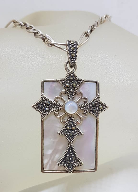 Sterling Silver Large Marcasite &amp; Mother of Pearl Cross in Rectangle Pendant on Sterling Silver Chain