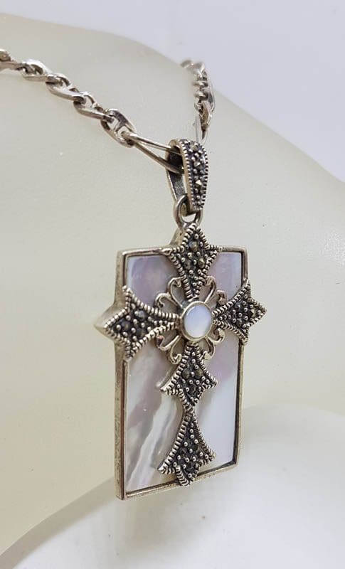 Sterling Silver Large Marcasite &amp; Mother of Pearl Cross in Rectangle Pendant on Sterling Silver Chain