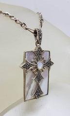 Sterling Silver Large Marcasite &amp; Mother of Pearl Cross in Rectangle Pendant on Sterling Silver Chain