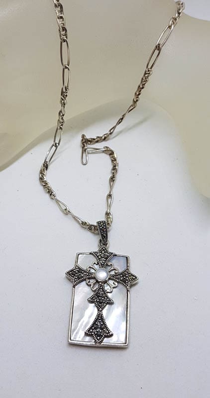 Sterling Silver Large Marcasite &amp; Mother of Pearl Cross in Rectangle Pendant on Sterling Silver Chain