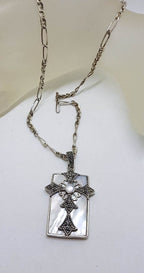 Sterling Silver Large Marcasite &amp; Mother of Pearl Cross in Rectangle Pendant on Sterling Silver Chain