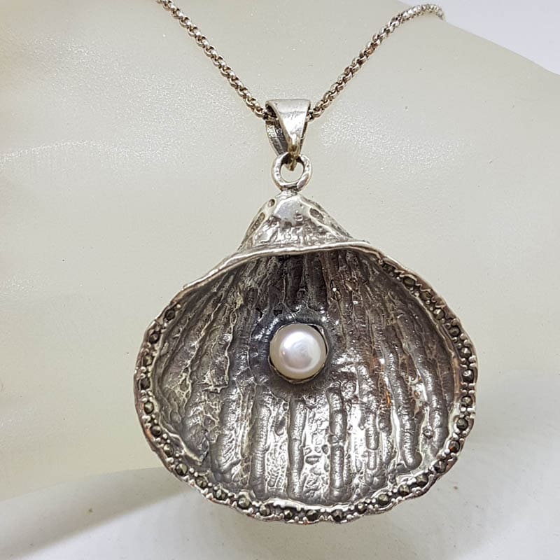 Sterling Silver Marcasite &amp; Pearl Large Shell Pendant on Sterling Silver Chain