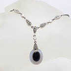 Sterling Silver Marcasite, Onyx and Mother of Pearl Long Drop Lavalier Necklace / Chain - Art Deco Style