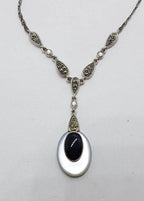 Sterling Silver Marcasite, Onyx and Mother of Pearl Long Drop Lavalier Necklace / Chain - Art Deco Style