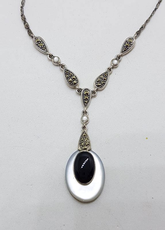 Sterling Silver Marcasite, Onyx and Mother of Pearl Long Drop Lavalier Necklace / Chain - Art Deco Style