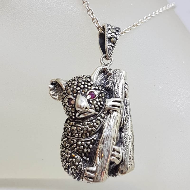 Sterling Silver Marcasite Australian Koala with Ruby Eyes Pendant on Sterling Silver Chain