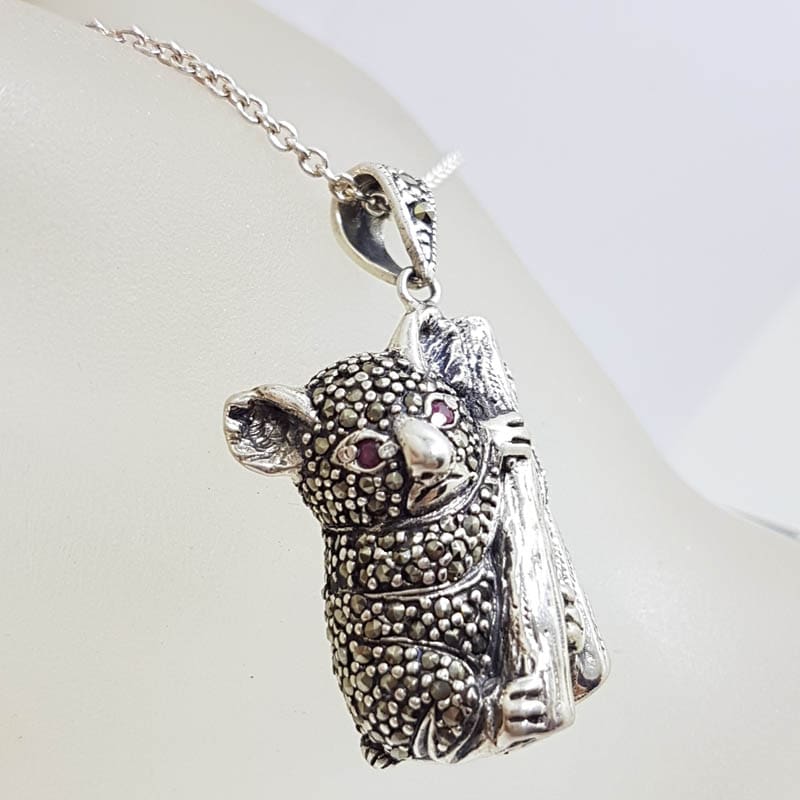 Sterling Silver Marcasite Australian Koala with Ruby Eyes Pendant on Sterling Silver Chain
