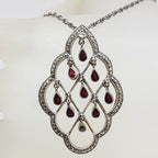 Sterling Silver Marcasite Large Open Design Pendant with Red Enamel Droplets Pendant on Silver Chain